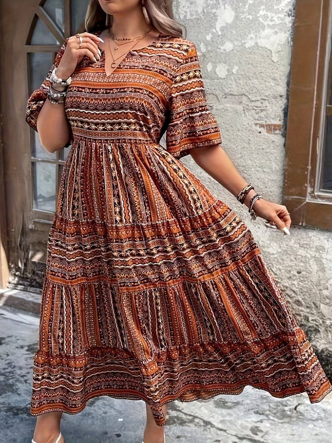 Sylpha - Elegant Ethnic Print Bohemian Dress