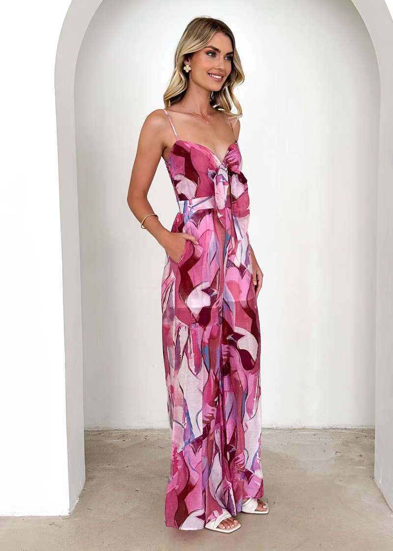 Annalise - Chic Printed Suspender Strap Long Dress
